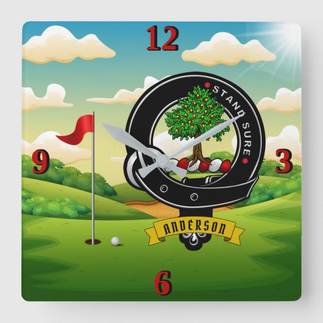Andersson Klan Badge Golf Square Wall Clock Fyrkantig Klocka (Framsida)