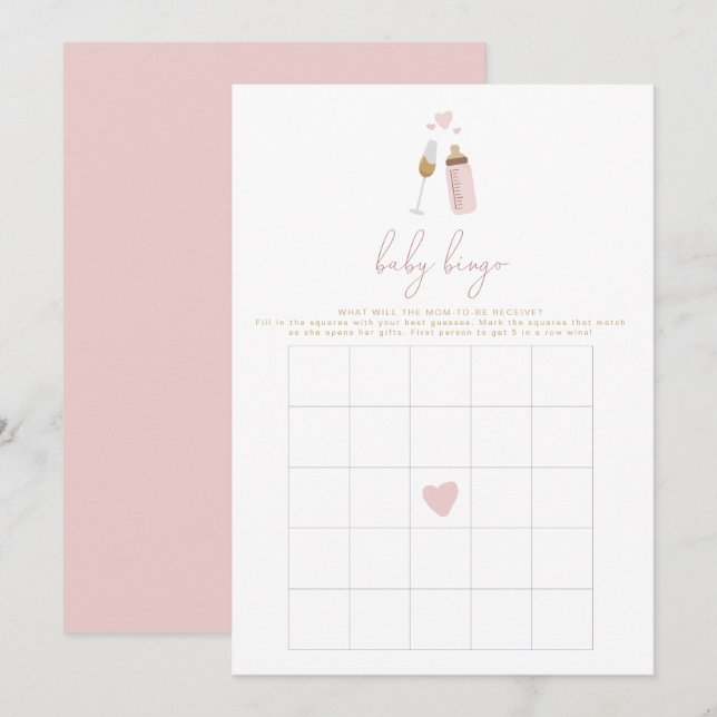 ANDI Rosa Poppin' Flaskor Baby Shower Bingo Game Inbjudningar (Fram/baksida)