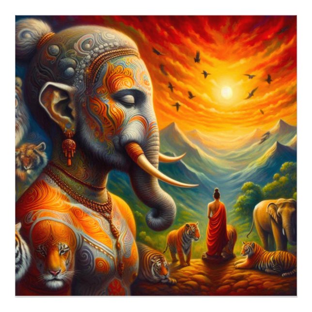 andlig buddha och elefant fototryck (Framsidan)