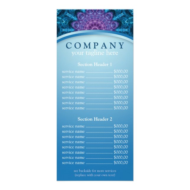 Andlig Lila Flower mandala pris list-meny Reklamkort (Framsidan)