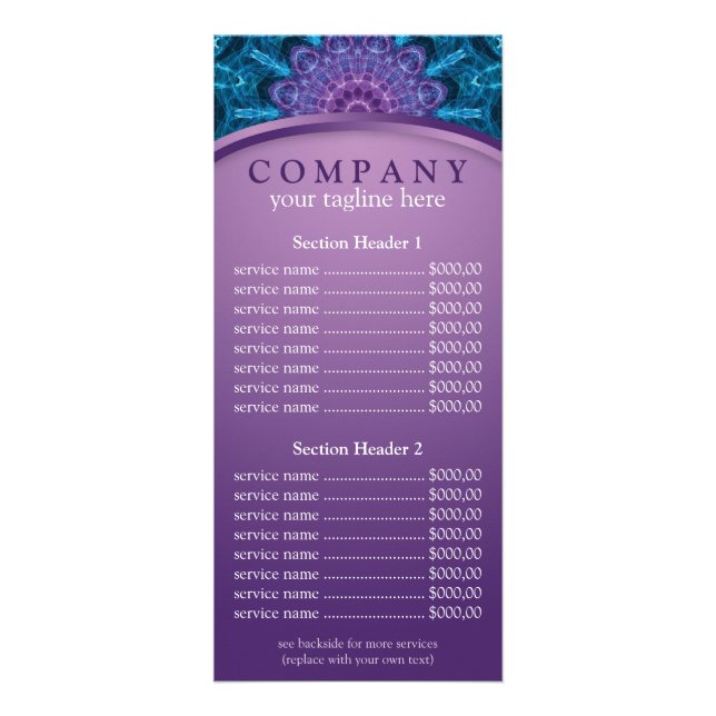 Andlig Lila Flower mandala pris list-meny Reklamkort (Framsidan)