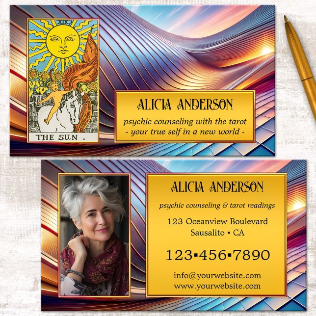 Andlig Psychic Visionary Tarot Photo Visitkort (Tarot business card featuring a colorful visionary abstract metallic design with your custom photos)
