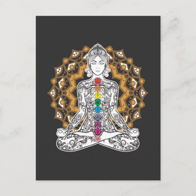 Andlig Tattooed Girl Yoga Chakra Meditating Vykort (Framsida)