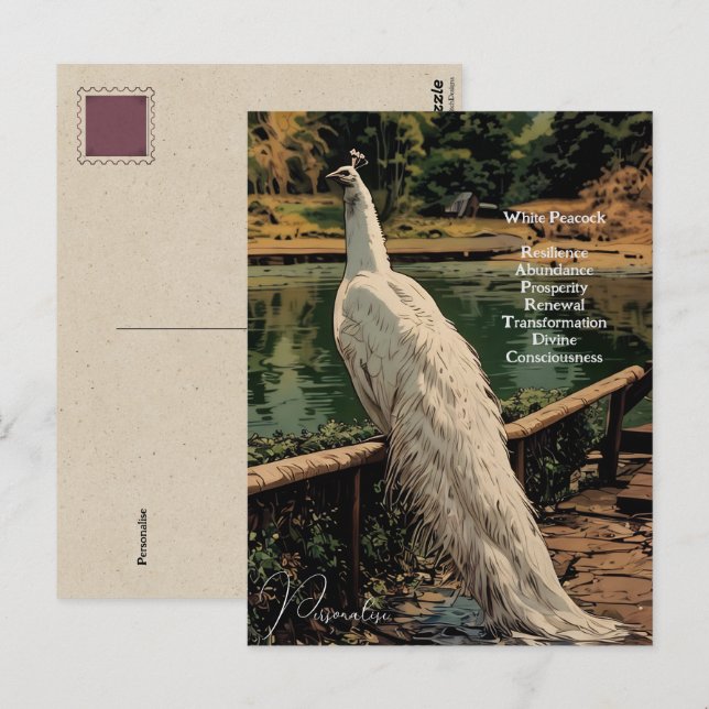 Andlig White Peacock Bird Inspirational Quote Vykort (Fram/baksida)