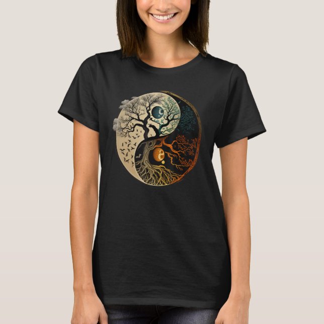 Andlig Yin Yang Buddhist Livets träd T Shirt (Framsida)