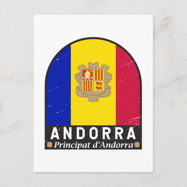 Andorra Flagga Emblem Nött Vintage Vykort (Framsida)