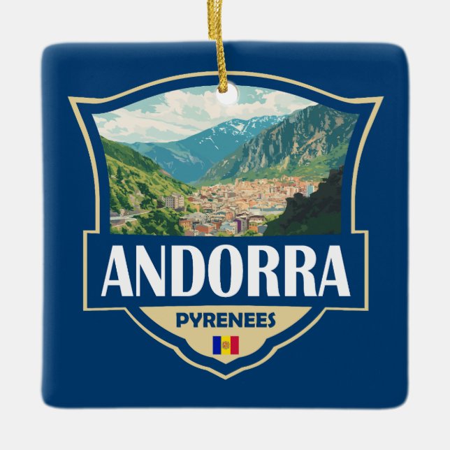 Andorra Illustration Retro Badge Julgransprydnad Keramik (Framsida)