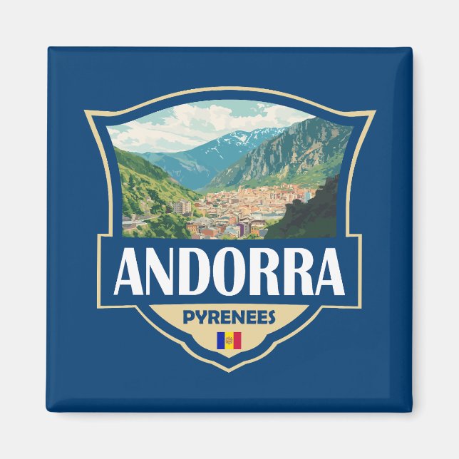 Andorra Illustration Retro Badge Magnet (Framsidan)