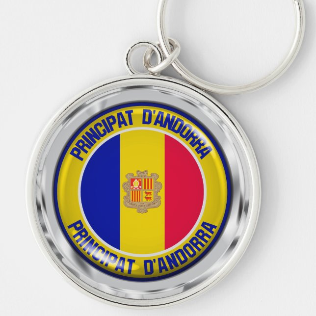Andorra Round Emblem Rund Silverfärgad Nyckelring (Framsidan)