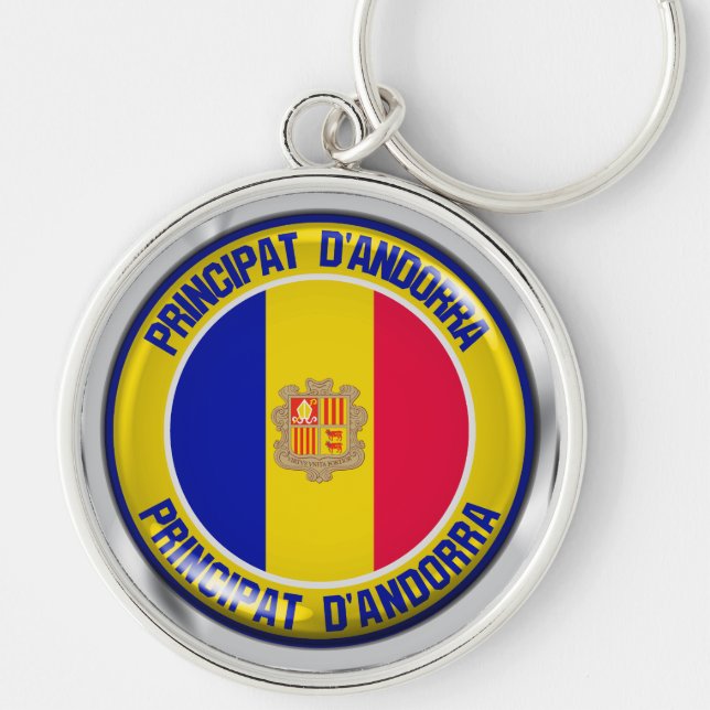 Andorra Round Emblem Rund Silverfärgad Nyckelring (Framsidan)