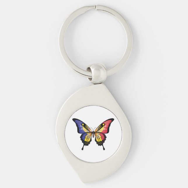 Andorra Swallowtail Butterfly Flagga Sticker Swirl Silverfärgad Nyckelring (Framsidan)