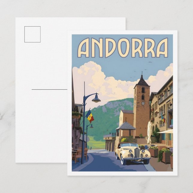 Andorra Vintage Art Resor Vykort (Fram/baksida)