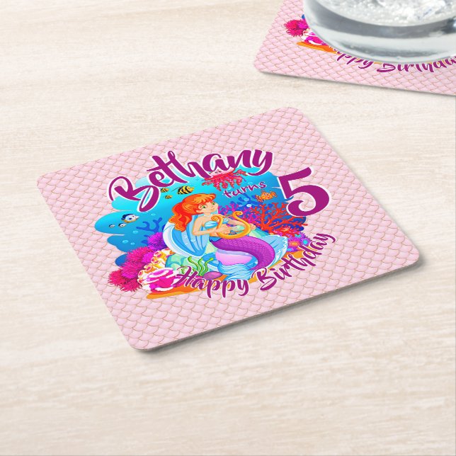 Ändra ålder för Sjöjungfrun Namn Födelsedagsfest A Underlägg Papper Kvadrat (Vinklad)