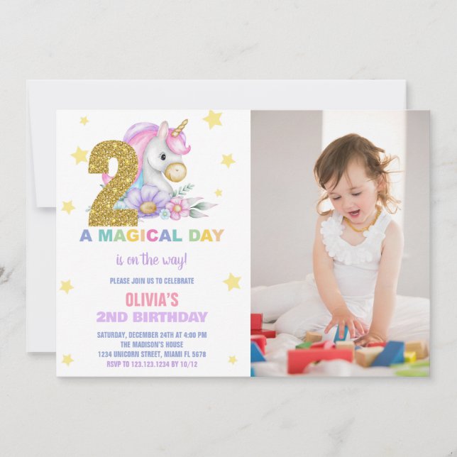 Andra Blommigten Unicorn Birthday-inbjudningar med Inbjudningar (Framsida)