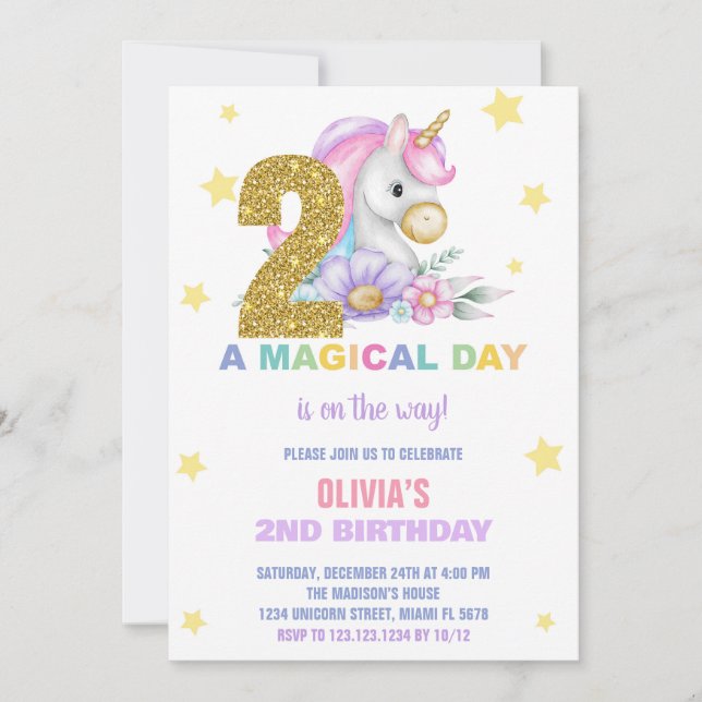 Andra Blommigtens inbjudan till Unicorn Birthday (Framsida)
