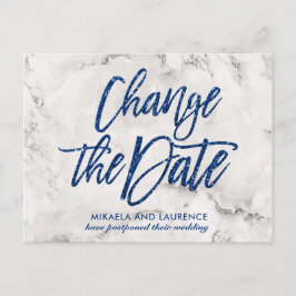 Ändra datum för brölloppsinbjudan med blå glittert meddelande vykort
