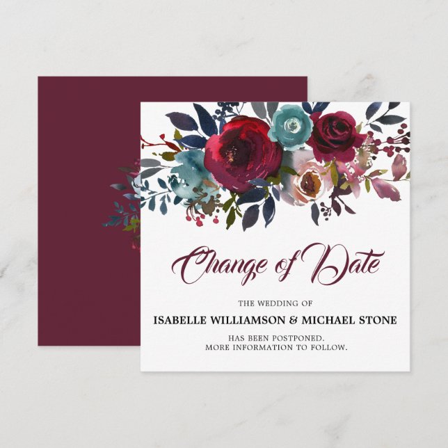 Ändra datum Röd Burgundy Blommig Bröllop Inbjudningar (Fram/baksida)