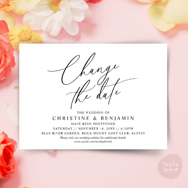 Ändra datum, Spara vårt nya datumkort för bröllop Inbjudningar (Change the date, Save our new wedding date modern romantic card in Black White)