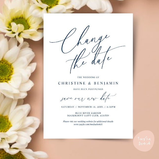 Ändra datum, Spara vårt nya datumkort för bröllop Inbjudningar (Change the date, Save our new wedding date modern romantic card in Navy Blue)