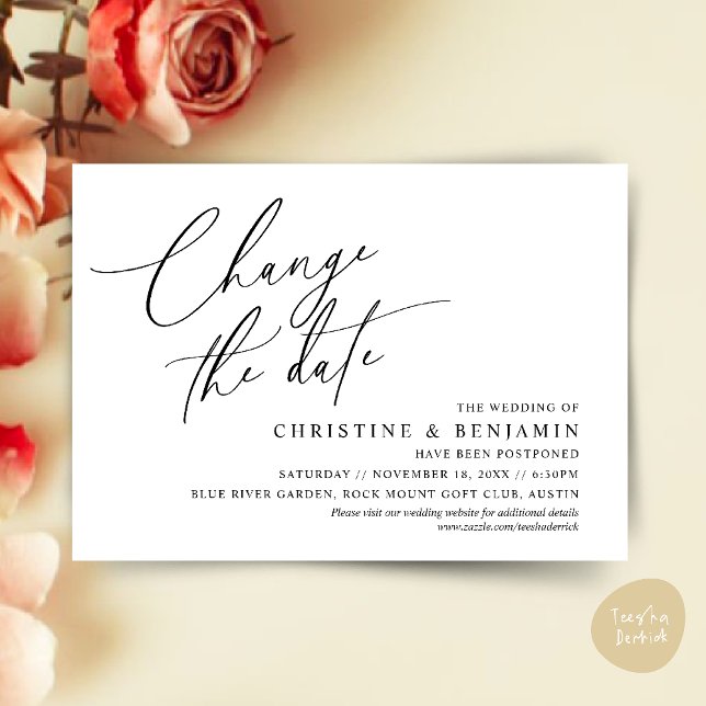 Ändra datum, Spara vårt nya datumkort för bröllop Inbjudningar (Change the date, Save our new wedding date modern romantic card in Black White)