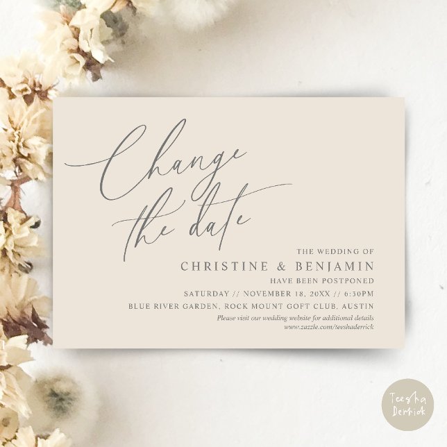 Ändra datum, Spara vårt nya datumkort för bröllop Inbjudningar (Change the date, Save our new wedding date modern romantic card in Cream Grey)