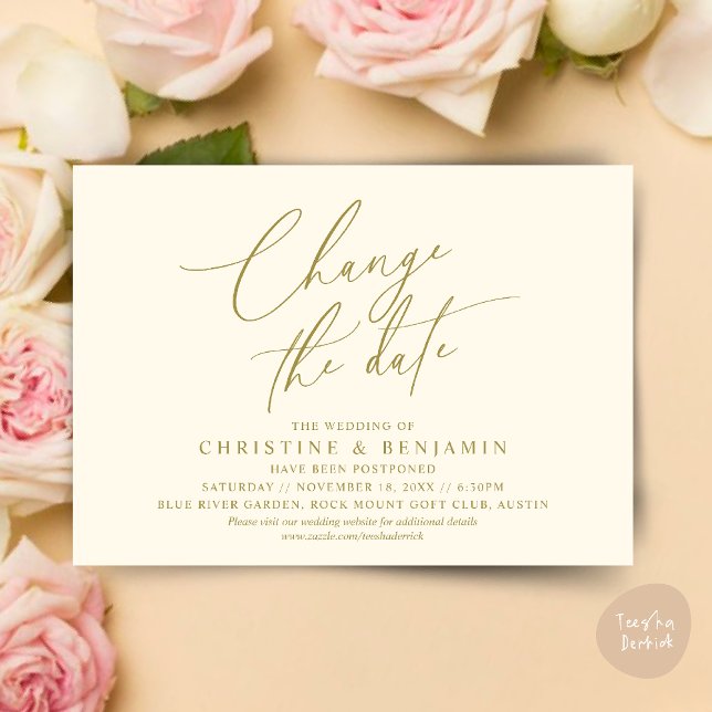 Ändra datum, Spara vårt nya datumkort för bröllop Inbjudningar (Change the date, Save our new wedding date modern romantic card in Yellow Gold)