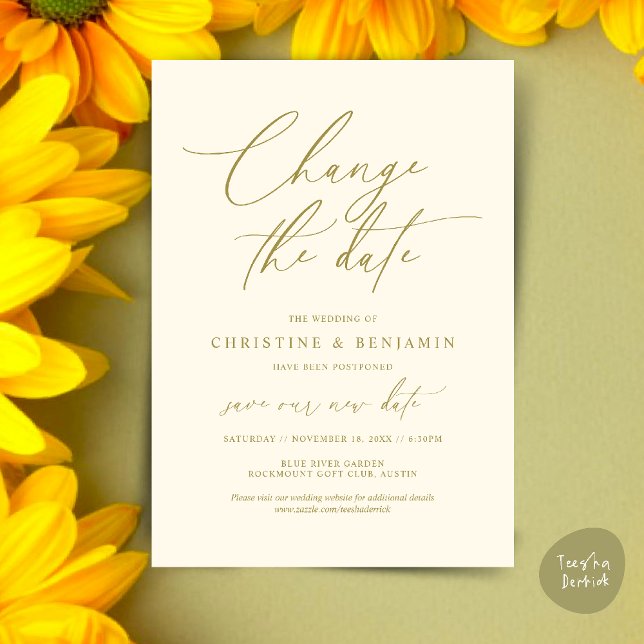 Ändra datum, Spara vårt nya datumkort för bröllop Inbjudningar (Change the date, Save our new wedding date modern romantic card in Yellow Gold)