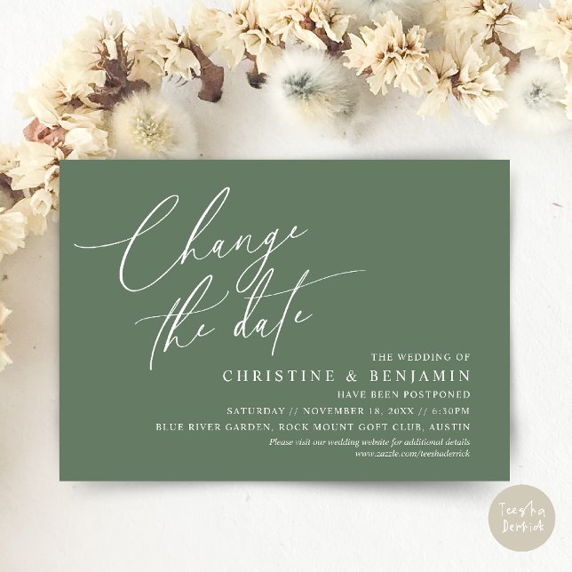 Ändra datum, Spara vårt nya datumkort för bröllop Inbjudningar (Change the date, Save our new wedding date modern romantic card in Sage Green)
