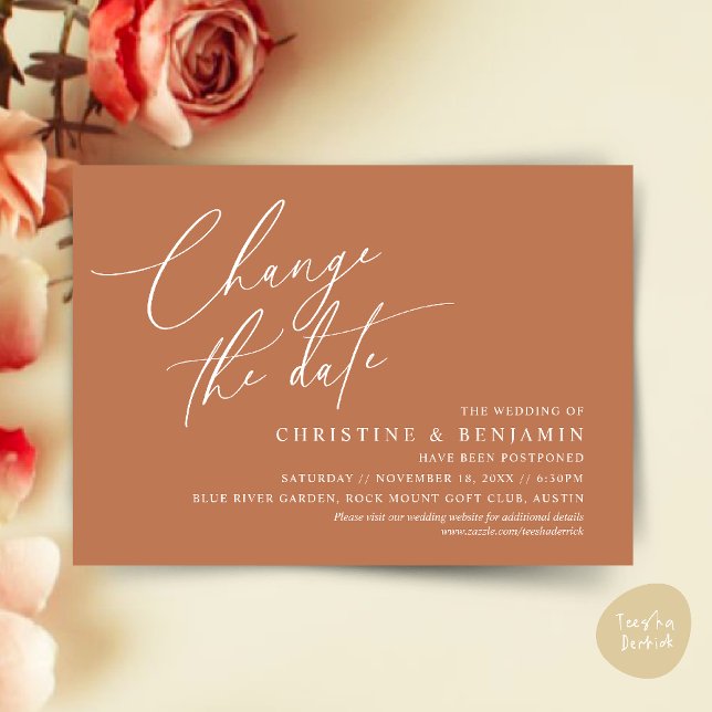 Ändra datum, Spara vårt nya datumkort för bröllop Inbjudningar (Change the date, Save our new wedding date modern romantic card in Copper Brown)