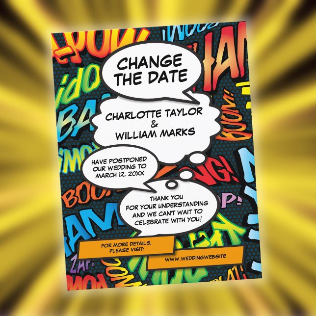 Ändra datum Tecknad Bok Bröllop uppskjutning Meddelande Vykort (Change the Date Comic Book Wedding Postponement Announcement Postcard)