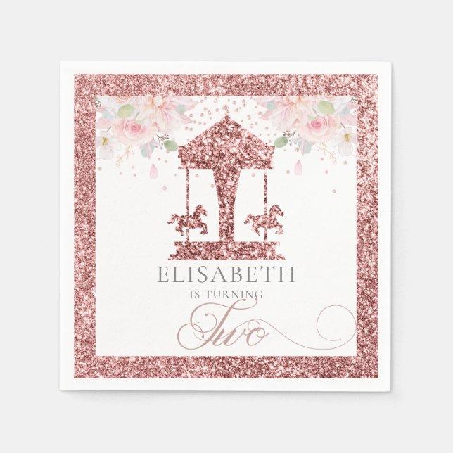 Andra födelsedag Carousel Blommigt Glitter Pappersservett (Framsidan)