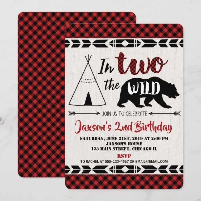 Andra födelsedag inbjuden pojke vild två björn inbjudningar (Fram/baksida)