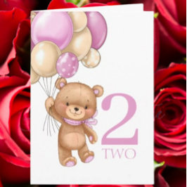 Andra födelsedag söta rosa-ballonger Flickteddy-ko Kort