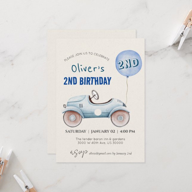 Andra födelsedagen för biltemepojken inbjudningar (Fram/Back In Situ)