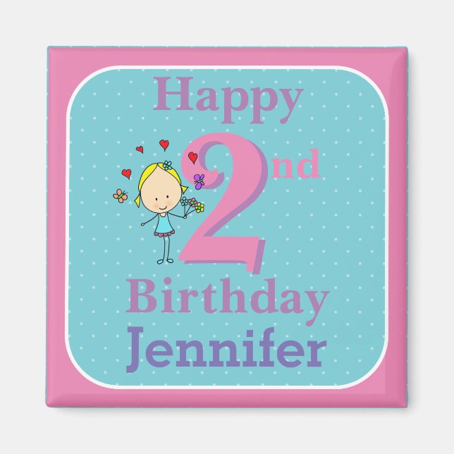 Andra födelsedagen, två år gammal, flicka magnet (Framsidan)