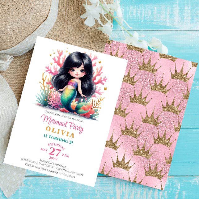 Ändra Födelsedagsfest för magisk Sjöjungfru Inbjudningar (Enchanted dark-haired mermaid birthday invitation front and back.)