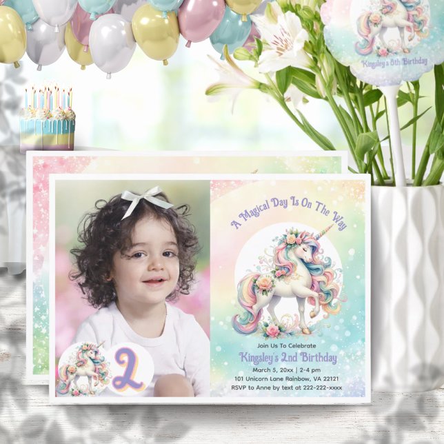 Andra Födelsedagsfesten för Unicorn Pastel Rainbow Inbjudningar (2nd Second Unicorn Birthday Party Pastel Rainbow Invitation)