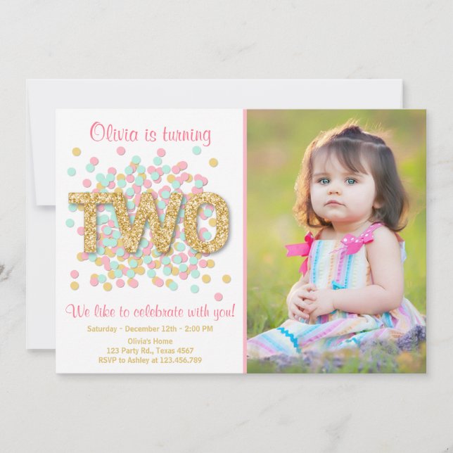 Andra födelsedagsinbjudan Flickor Rosa Guld Mint 2 Inbjudningar (Framsida)