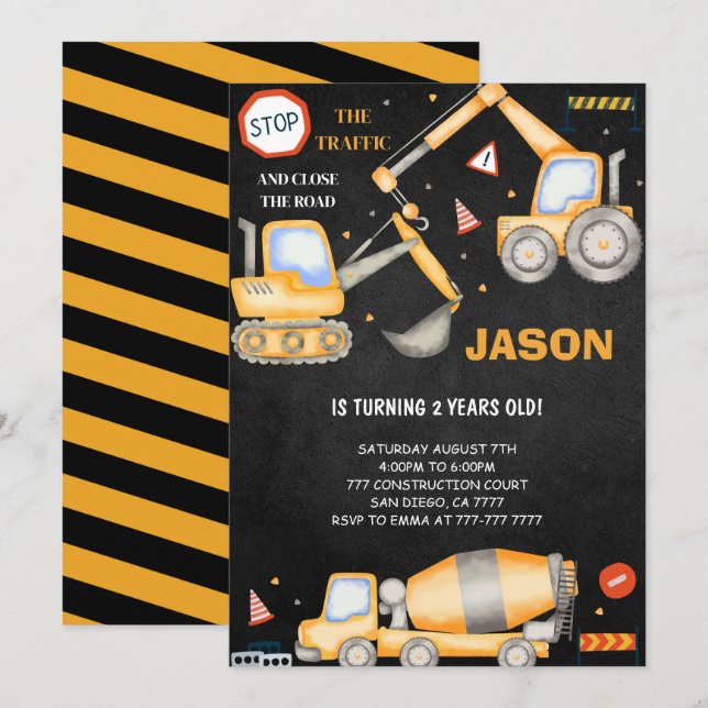 Andra födelsedagsinbjudan till byggnadspojke inbjudningar (Fram/baksida)