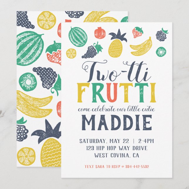 Andra födelsedagsinbjudan till Fruiti Inbjudningar (Fram/baksida)