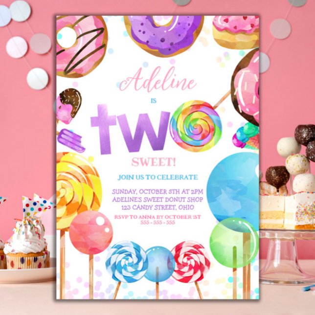 Andra födelsedagstjuret Candyland Lollypop Sweets  Inbjudningar (Two Sweet 2nd Birthday party Candyland themed )
