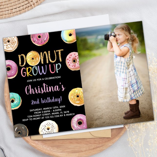 Andra Golden Glitter Photo Donut Birthday Inbjudningar (2nd Golden Glitter Photo Donut Birthday Invitation)