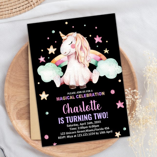 Andra helgdagen för svartmålning inbjudningar (2nd Black Unicorn Birthday Invitations)