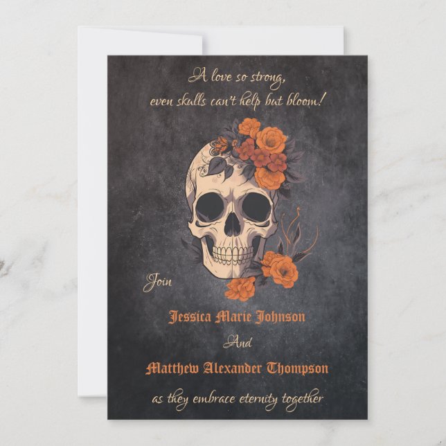Ändra Orange Bouquet på Cream Skull Bröllop Inbjudningar (Framsida)