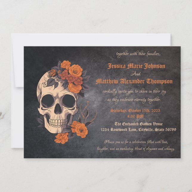 Ändra Orange Bouquet på Cream Skull Bröllop Inbjudningar (Framsida)