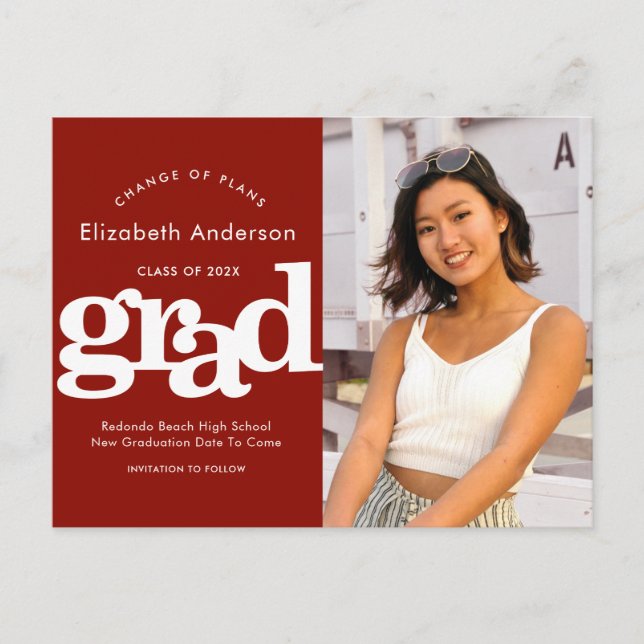Ändra ritningar studenten fotofet typografi röd inbjudan vykort (Framsida)