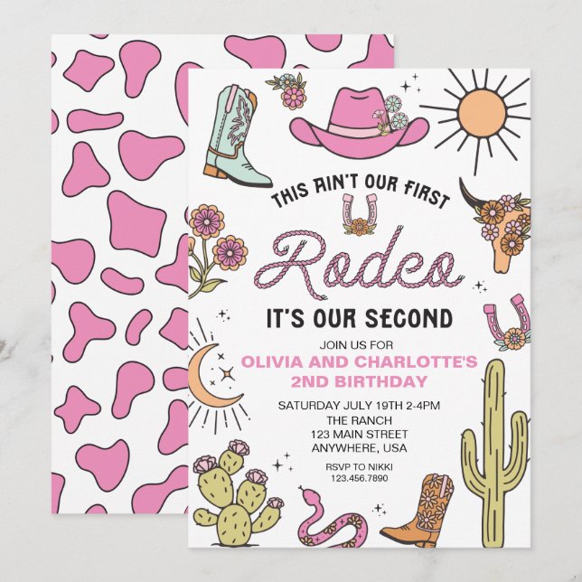 Andra Rodeo Rosa Western 2-års Födelsedag Tvilling Inbjudningar (Fram/baksida)