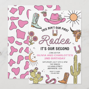 Andra Rodeo Rosa Western 2-års Födelsedag Tvilling Inbjudningar