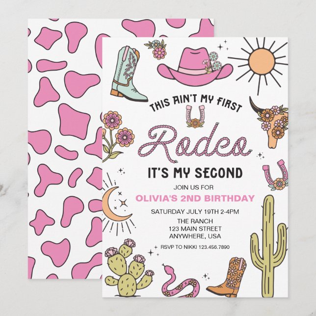 Andra Rodeo Rosa Western 2-årsdag Inbjudningar (Fram/baksida)