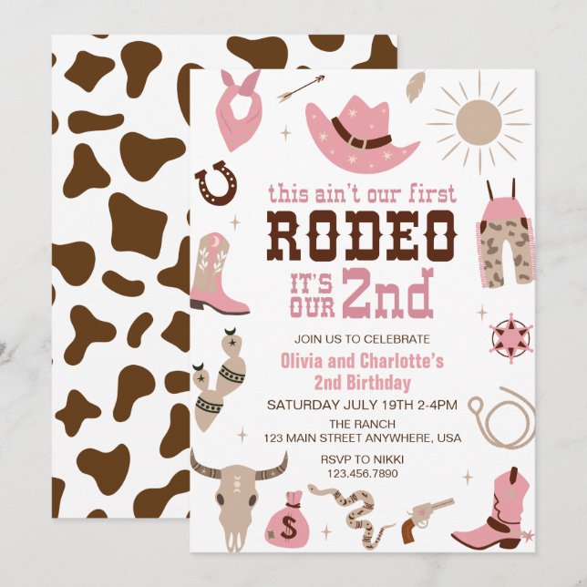 Andra Rodeo Western Cowgirl 2-års födelsedag Inbjudningar (Fram/baksida)